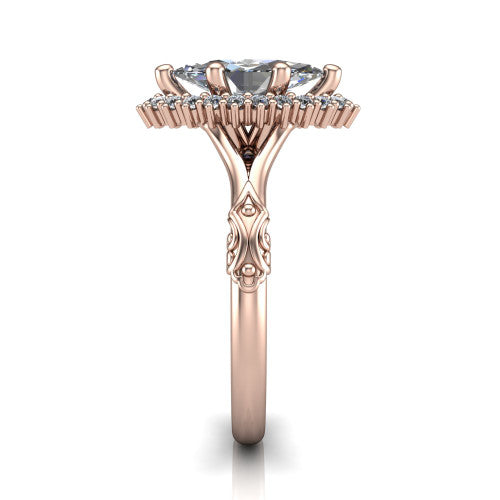 Lillian marquise vintage halo engagement ring in 18K Rose Gold, side profile showing the engraved filigree shoulders, plain band, and squared halo in profile