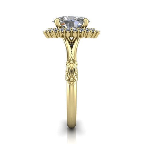 Lillian oval vintage halo engagement ring in 14K Yellow Gold, side profile showing the engraved filigree shoulders, plain band, and squared halo in profile