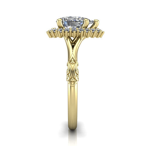 Lillian pear vintage halo engagement ring in 18K Yellow Gold, side profile showing the engraved filigree shoulders, plain band, and squared halo in profile
