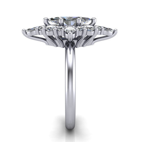 Frances marquise vintage halo engagement ring in 18K White Gold, side profile showing the plain polished band and the starburst cluster halo in profile
