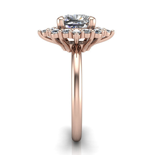 Frances cushion vintage halo engagement ring in 14K Rose Gold, side profile showing the plain polished band and the starburst cluster halo in profile