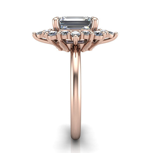 Frances emerald vintage halo engagement ring in 18K Rose Gold, side profile showing the plain polished band and the starburst cluster halo in profile