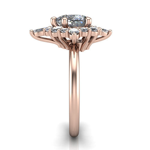 Frances heart vintage halo engagement ring in 14K Rose Gold, side profile showing the plain polished band and the starburst cluster halo in profile