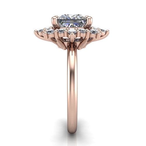 Frances princess vintage halo engagement ring in 14K Rose Gold, side profile showing the plain polished band and the starburst cluster halo in profile