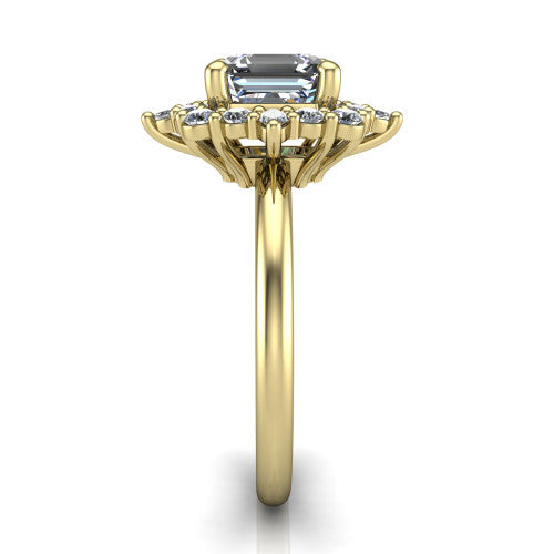 Frances square emerald vintage halo engagement ring in 14K Yellow Gold, side profile showing the plain polished band and the starburst cluster halo in profile