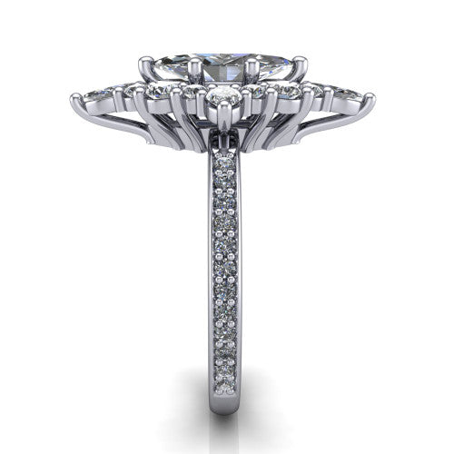 Kali marquise vintage halo engagement ring in 18K White Gold, side profile showing the pavé band and the ornate scalloped double halo in profile
