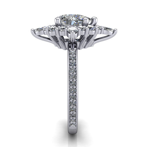 Kali pear vintage halo engagement ring in Platinum, side profile showing the pavé band and the ornate scalloped double halo in profile