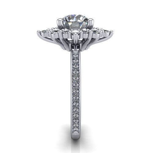 Kali round vintage halo engagement ring in Platinum, side profile showing the pavé band and the ornate scalloped double halo in profile