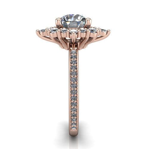 Kali round vintage halo engagement ring in 18K Rose Gold, side profile showing the pavé band and the ornate scalloped double halo in profile