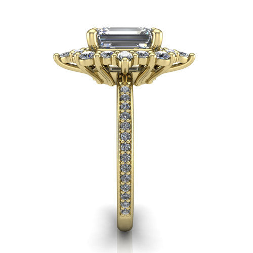 Kali emerald vintage halo engagement ring in 18K Yellow Gold, side profile showing the pavé band and the ornate scalloped double halo in profile