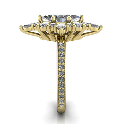 Kali marquise vintage halo engagement ring in 18K Yellow Gold, side profile showing the pavé band and the ornate scalloped double halo in profile