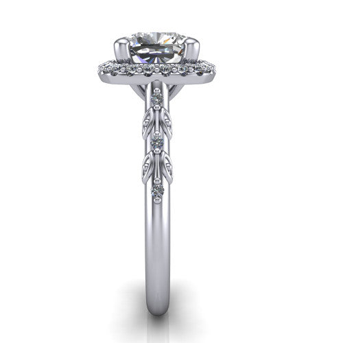 Eleanor cushion vintage halo engagement ring in 14K White Gold, side profile showing the floral filigree leaf scrollwork on the pavé band and the squared halo in profile