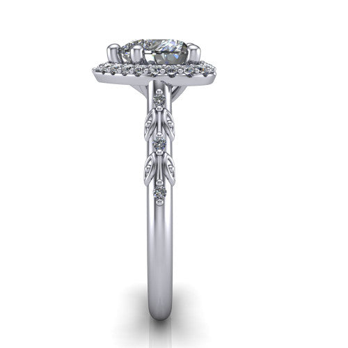 Eleanor heart vintage halo engagement ring in 18K White Gold, side profile showing the floral filigree leaf scrollwork on the pavé band and the squared halo in profile