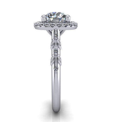 Eleanor round vintage halo engagement ring in Platinum, side profile showing the floral filigree leaf scrollwork on the pavé band and the squared halo in profile