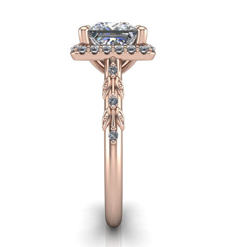 Eleanor princess vintage halo engagement ring in 18K Rose Gold, side profile showing the floral filigree leaf scrollwork on the pavé band and the squared halo in profile