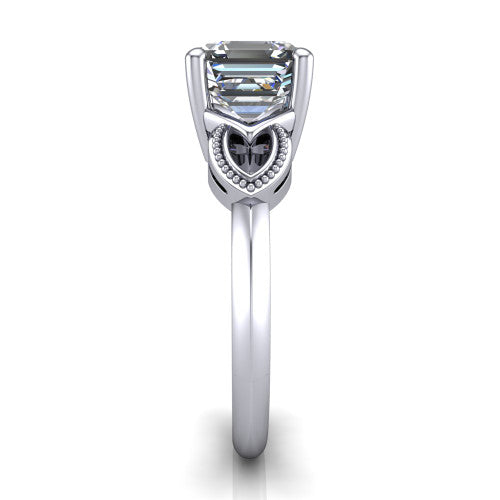 Ella square emerald vintage solitaire engagement ring in 14K White Gold, side profile showing the vintage filigree scrollwork, milgrain detail, and plain band in profile