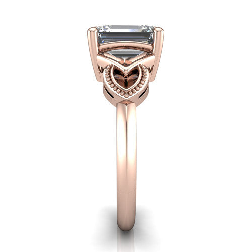 Ella emerald vintage solitaire engagement ring in 18K Rose Gold, side profile showing the vintage filigree scrollwork, milgrain detail, and plain band in profile
