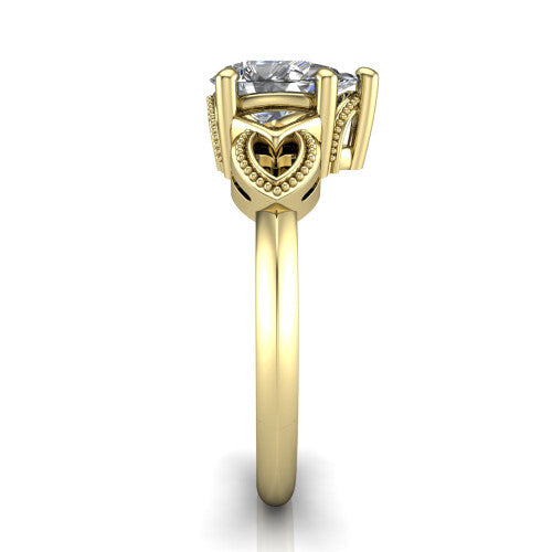 Ella pear vintage solitaire engagement ring in 14K Yellow Gold, side profile showing the vintage filigree scrollwork, milgrain detail, and plain band in profile