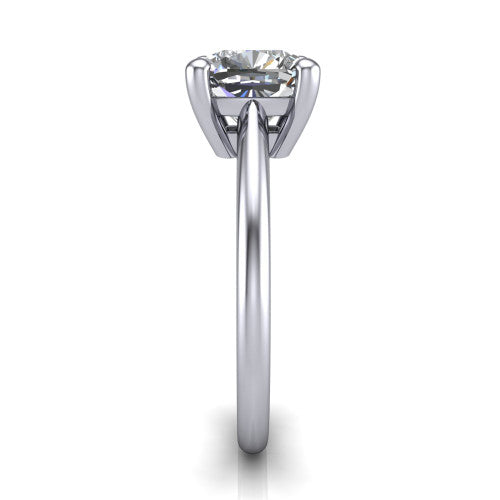 Avery cushion classic solitaire engagement ring in Platinum, side profile showing the smooth polished band and the open basket beneath the cushion center