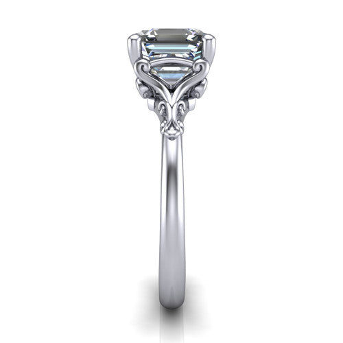 Dorothy square emerald vintage solitaire engagement ring in 14K White Gold, side profile showing the vintage filigree scrollwork, milgrain detail, and plain band in profile