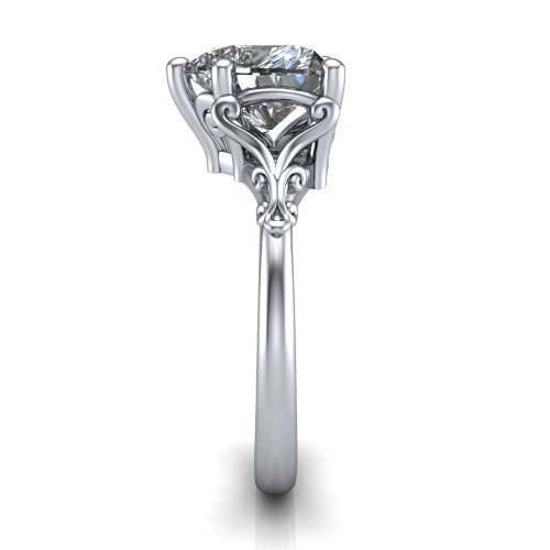 Dorothy heart vintage solitaire engagement ring in Platinum, side profile showing the vintage filigree scrollwork, milgrain detail, and plain band in profile