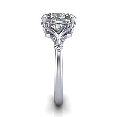Dorothy oval vintage solitaire engagement ring in 18K White Gold, side profile showing the vintage filigree scrollwork, milgrain detail, and plain band in profile