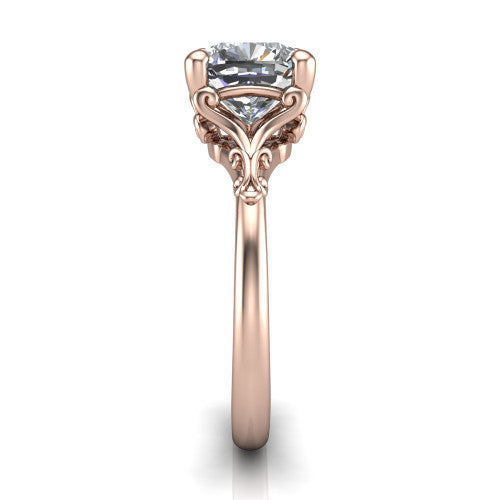 Dorothy cushion vintage solitaire engagement ring in 18K Rose Gold, side profile showing the vintage filigree scrollwork, milgrain detail, and plain band in profile