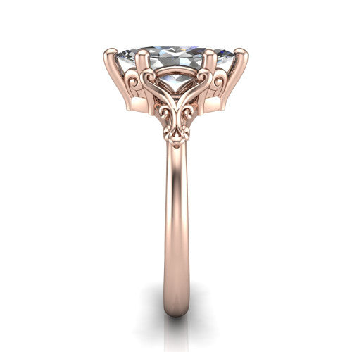 Dorothy marquise vintage solitaire engagement ring in 14K Rose Gold, side profile showing the vintage filigree scrollwork, milgrain detail, and plain band in profile