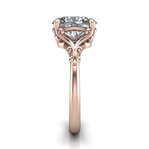 Dorothy oval vintage solitaire engagement ring in 14K Rose Gold, side profile showing the vintage filigree scrollwork, milgrain detail, and plain band in profile
