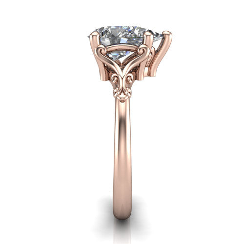 Dorothy pear vintage solitaire engagement ring in 18K Rose Gold, side profile showing the vintage filigree scrollwork, milgrain detail, and plain band in profile