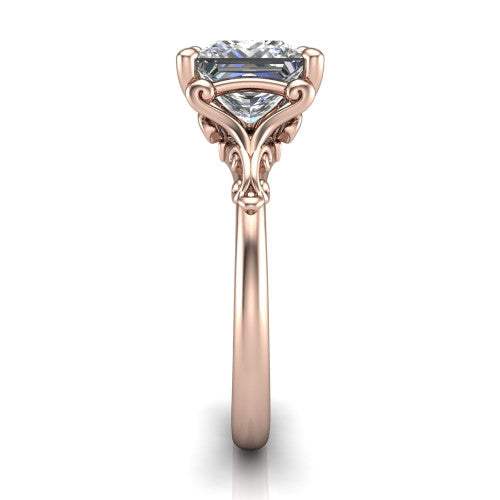 Dorothy princess vintage solitaire engagement ring in 14K Rose Gold, side profile showing the vintage filigree scrollwork, milgrain detail, and plain band in profile