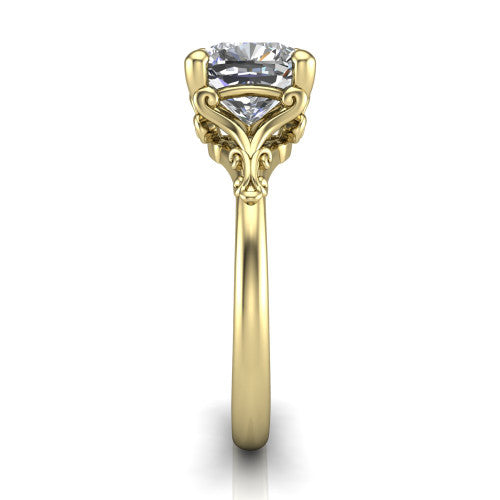 Dorothy cushion vintage solitaire engagement ring in 18K Yellow Gold, side profile showing the vintage filigree scrollwork, milgrain detail, and plain band in profile
