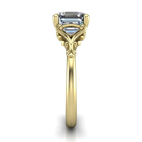 Dorothy square emerald vintage solitaire engagement ring in 18K Yellow Gold, side profile showing the vintage filigree scrollwork, milgrain detail, and plain band in profile