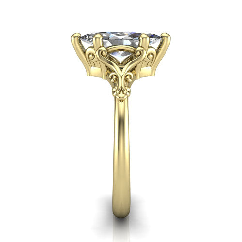 Dorothy marquise vintage solitaire engagement ring in 18K Yellow Gold, side profile showing the vintage filigree scrollwork, milgrain detail, and plain band in profile