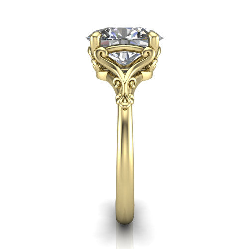 Dorothy oval vintage solitaire engagement ring in 18K Yellow Gold, side profile showing the vintage filigree scrollwork, milgrain detail, and plain band in profile