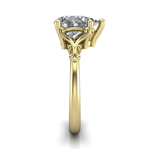 Dorothy pear vintage solitaire engagement ring in 14K Yellow Gold, side profile showing the vintage filigree scrollwork, milgrain detail, and plain band in profile