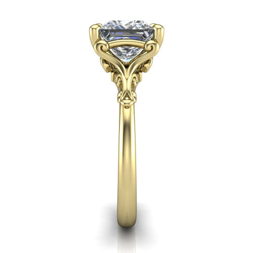Dorothy princess vintage solitaire engagement ring in 14K Yellow Gold, side profile showing the vintage filigree scrollwork, milgrain detail, and plain band in profile