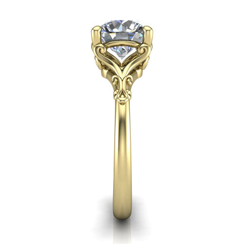 Dorothy round vintage solitaire engagement ring in 14K Yellow Gold, side profile showing the vintage filigree scrollwork, milgrain detail, and plain band in profile