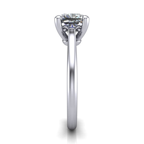 Margaret cushion classic solitaire engagement ring in Platinum, side profile showing the plain polished band and the openwork filigree gallery in profile