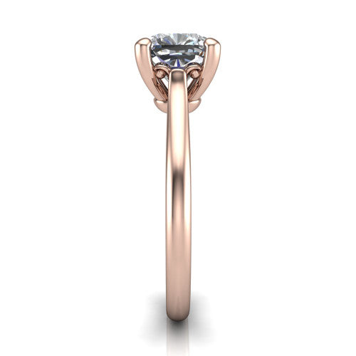 Margaret cushion classic solitaire engagement ring in 18K Rose Gold, side profile showing the plain polished band and the openwork filigree gallery in profile