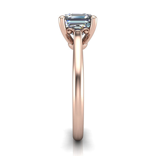 Margaret square emerald classic solitaire engagement ring in 14K Rose Gold, side profile showing the plain polished band and the openwork filigree gallery in profile