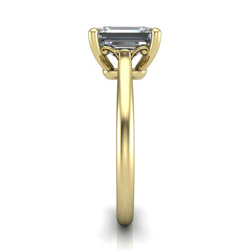 Margaret emerald classic solitaire engagement ring in 18K Yellow Gold, side profile showing the plain polished band and the openwork filigree gallery in profile