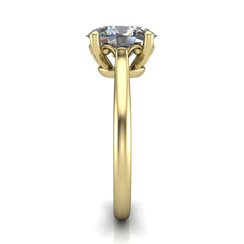 Margaret oval classic solitaire engagement ring in 18K Yellow Gold, side profile showing the plain polished band and the openwork filigree gallery in profile