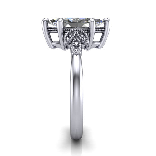 Athena marquise vintage solitaire engagement ring in Platinum, side profile showing the fleur-de-lis filigree accents, milgrain detail, and plain band in profile
