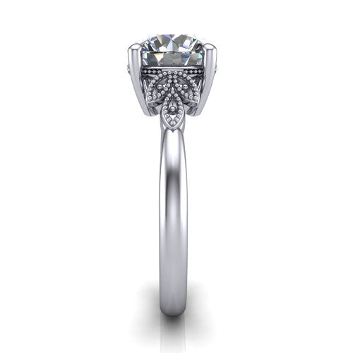 Athena round vintage solitaire engagement ring in 14K White Gold, side profile showing the fleur-de-lis filigree accents, milgrain detail, and plain band in profile