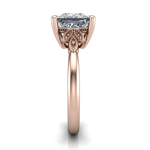 Athena princess vintage solitaire engagement ring in 14K Rose Gold, side profile showing the fleur-de-lis filigree accents, milgrain detail, and plain band in profile