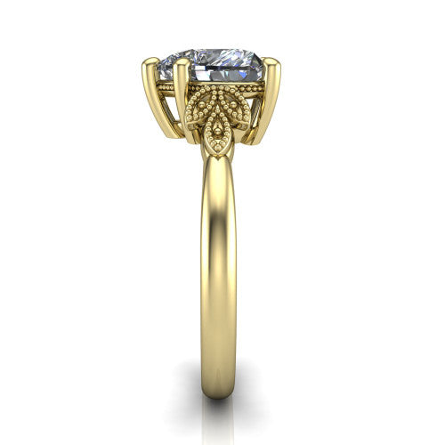 Athena heart vintage solitaire engagement ring in 18K Yellow Gold, side profile showing the fleur-de-lis filigree accents, milgrain detail, and plain band in profile