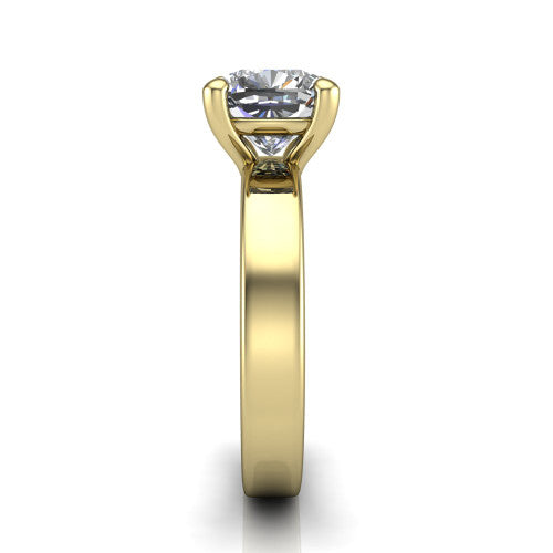 Louise cushion classic solitaire engagement ring in 18K Yellow Gold, side profile showing the substantial flat polished band and the open basket beneath the cushion center