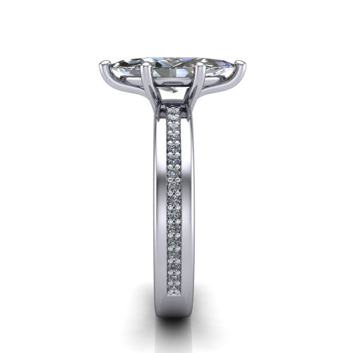 Kamala marquise classic solitaire engagement ring in Platinum, side profile showing the wide channel-set pavé band with high-polish edges and the open basket