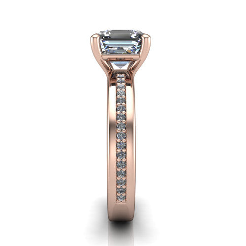 Kamala square emerald classic solitaire engagement ring in 18K Rose Gold, side profile showing the wide channel-set pavé band with high-polish edges and the open basket